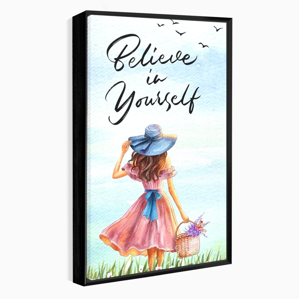 Tablou canvas cu ilustratie cu femeie si mesaj motivational, in rama de aluminiu negru